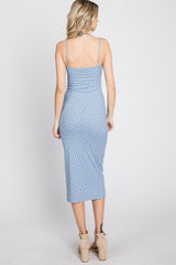 Light Blue Leaf Print Fitted Midi Dress