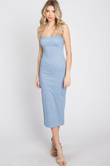 Light Blue Leaf Print Fitted Midi Dress