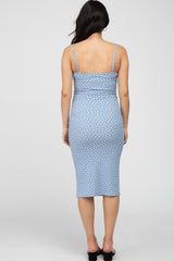 Light Blue Leaf Print Fitted Maternity Midi Dress