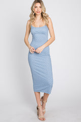 Light Blue Leaf Print Fitted Midi Dress