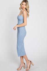 Light Blue Leaf Print Fitted Midi Dress