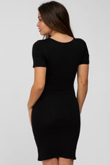 Black Ruched Short Sleeve Maternity Dress