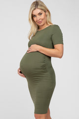 Olive Ruched Short Sleeve Maternity Dress