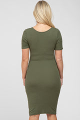 Olive Ruched Short Sleeve Maternity Dress