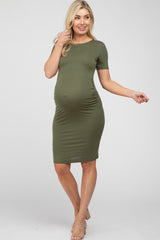 Olive Ruched Short Sleeve Maternity Dress