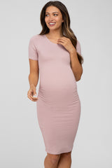 Mauve Ruched Short Sleeve Maternity Dress