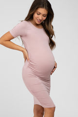 Mauve Ruched Short Sleeve Maternity Dress