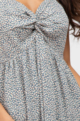 Blue Ditsy Floral Twist Front Midi Dress