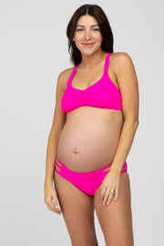 Fuchsia Strappy Ruched Front Two-Piece Maternity Bikini Set