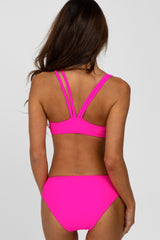 Fuchsia Strappy Ruched Front Two-Piece Bikini Set