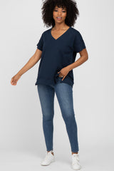 Navy Blue V-Neck Short Sleeve Side Slit Top