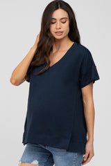 Navy Blue V-Neck Short Sleeve Side Slit Maternity Top