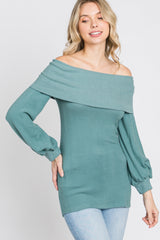 Light Teal Brushed Off Shoulder Fitted Top