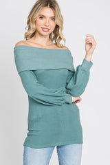 Light Teal Brushed Off Shoulder Fitted Top