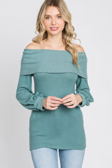 Light Teal Brushed Off Shoulder Fitted Top