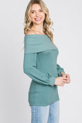 Light Teal Brushed Off Shoulder Fitted Top