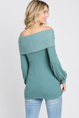 Light Teal Brushed Off Shoulder Fitted Top