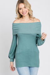 Light Teal Brushed Off Shoulder Fitted Top