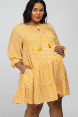 Yellow Floral Tiered Long Sleeve Plus Maternity Dress