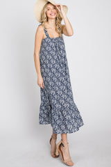 Navy Floral Ruffle Strap Maternity Midi Dress