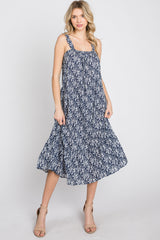 Navy Floral Ruffle Strap Midi Dress