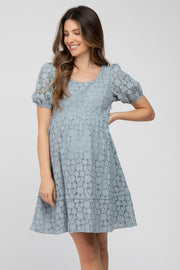 Blue Floral Lace Short Sleeve Maternity Dress