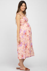 Peach Floral Smocked Square Neck Maternity Midi Dress