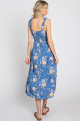 Blue Floral Smocked Square Neck Midi Dress