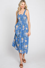 Blue Floral Smocked Square Neck Midi Dress