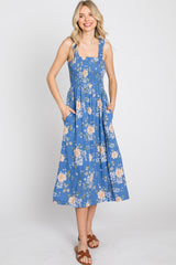 Blue Floral Smocked Square Neck Midi Dress