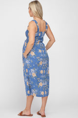 Blue Floral Smocked Square Neck Maternity Midi Dress