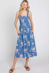 Blue Floral Smocked Square Neck Maternity Midi Dress