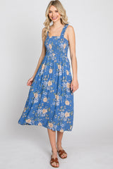 Blue Floral Smocked Square Neck Midi Dress