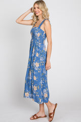 Blue Floral Smocked Square Neck Midi Dress