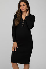 Black Ribbed Button Accent Maternity Dress