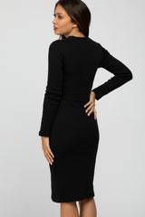 Black Ribbed Button Accent Maternity Dress