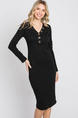 Black Ribbed Button Accent Dress