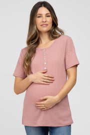 Mauve Button Front Waffle Knit Short Sleeve Maternity Top