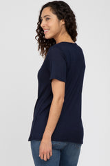 Navy Blue Button Front Waffle Knit Short Sleeve Top