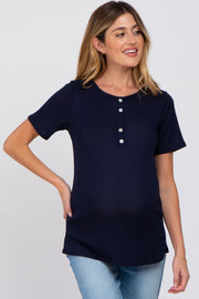 Navy Blue Button Front Waffle Knit Short Sleeve Maternity Top