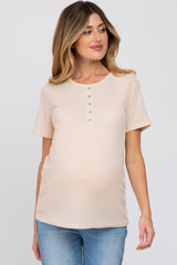 Beige Button Front Waffle Knit Short Sleeve Maternity Top