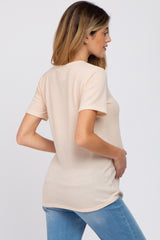 Beige Button Front Waffle Knit Short Sleeve Maternity Top