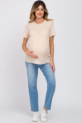 Beige Button Front Waffle Knit Short Sleeve Maternity Top