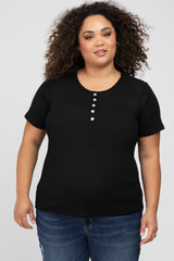 Black Button Front Waffle Knit Short Sleeve Maternity Plus Top