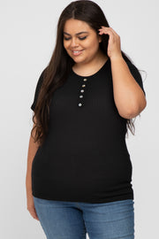 Black Button Front Waffle Knit Short Sleeve Plus Top