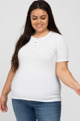 Ivory Button Front Waffle Knit Short Sleeve Maternity Plus Top