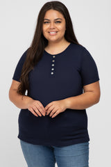 Navy Blue Button Front Waffle Knit Short Sleeve Maternity Plus Top