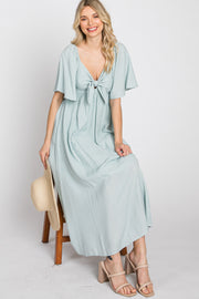 Light Blue Front Tie Ruffle Sleeve Midi Dress