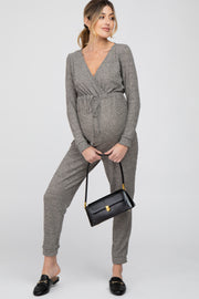 Taupe Ribbed Front Tie Maternity Jumpsuit