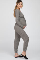 Taupe Ribbed Front Tie Maternity Jumpsuit